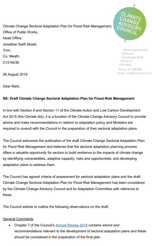 Letter to Office of Public Works re flood risk management plan for issue